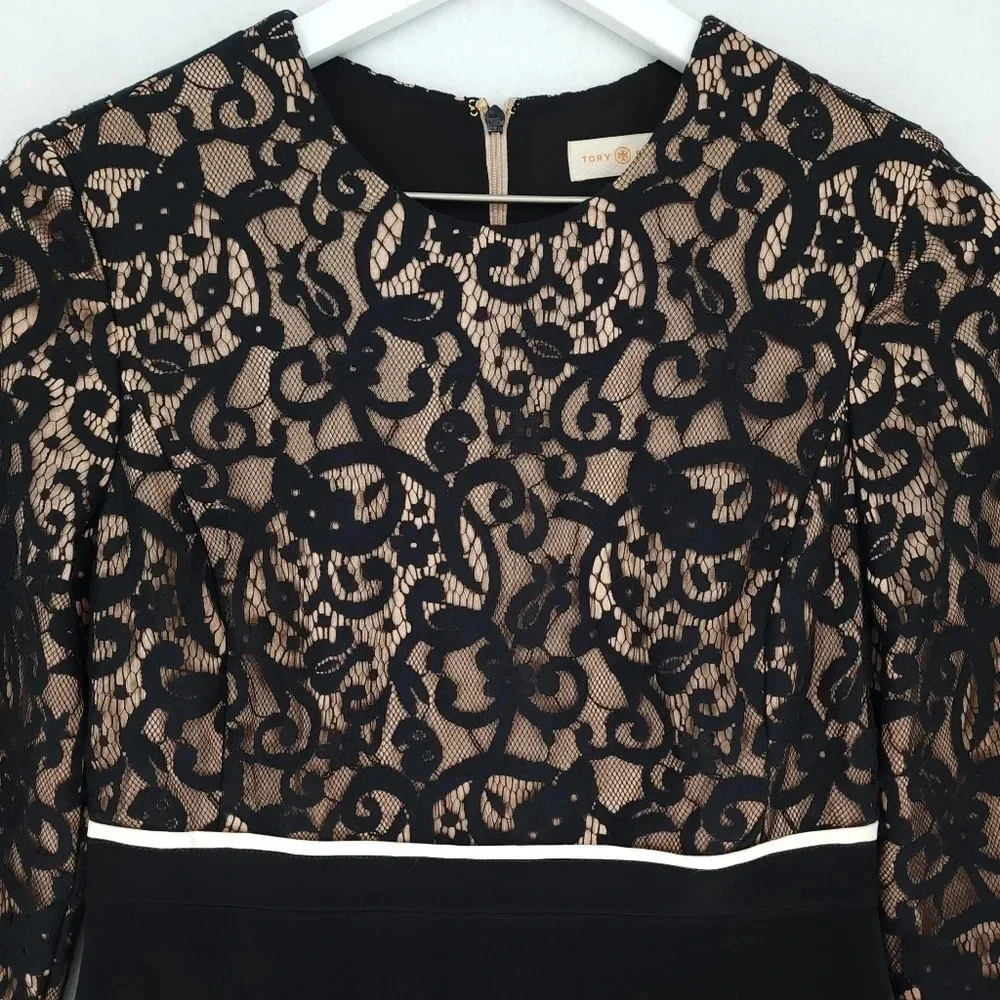 Tory Burch Black and Nude Lace Long-Sleeve Sheath Dress
